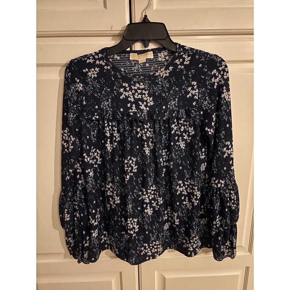 Michael Kors Womens Blue Floral‎ Bell Sleeve Peasant Blouse XXS